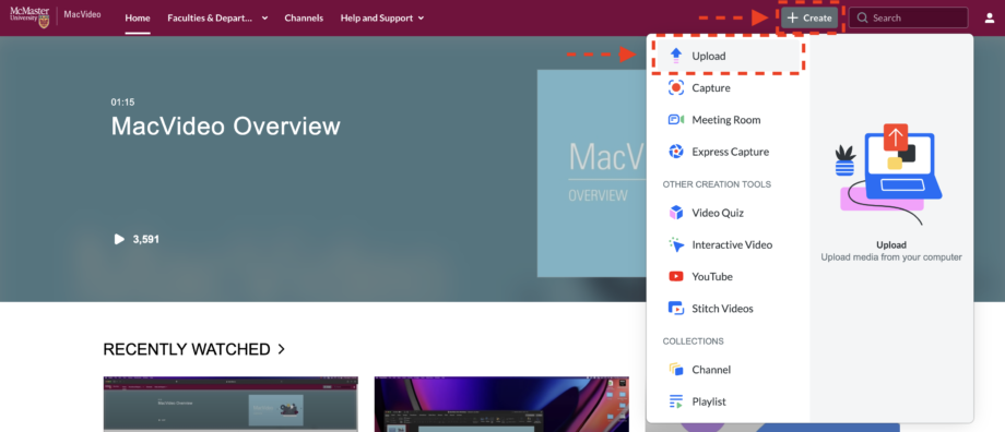 selecting create and upload videos